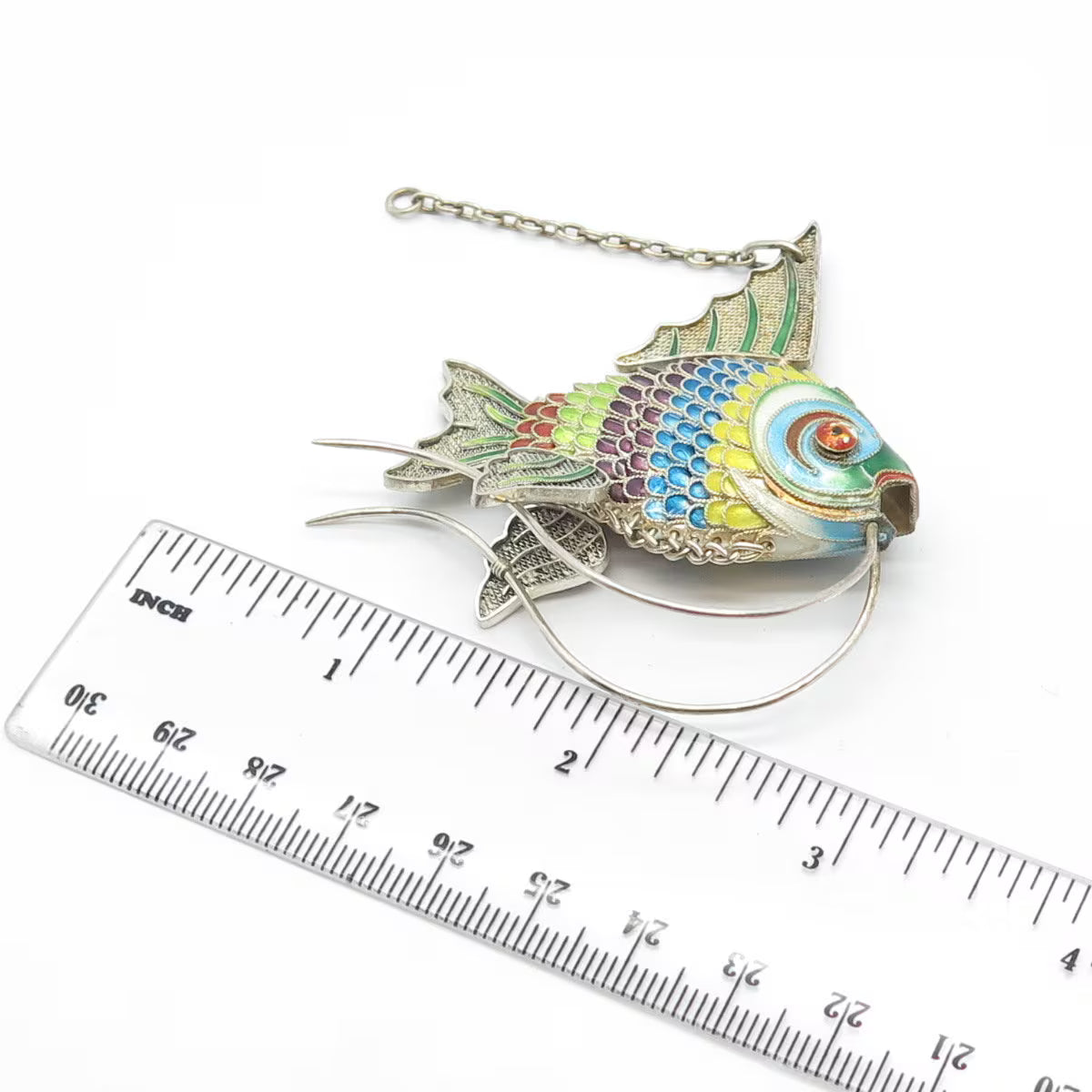 925 Sterling Silver Antique Enamel Articulated Chinese Koi Fish Chatelaine Fob