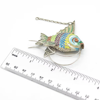 925 Sterling Silver Antique Enamel Articulated Chinese Koi Fish Chatelaine Fob