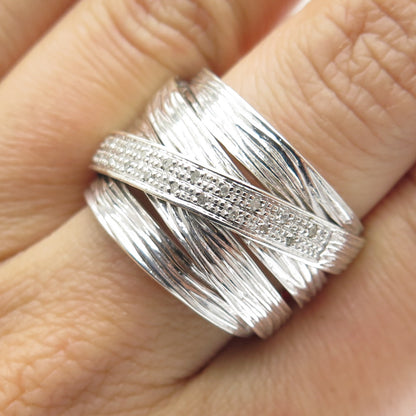 925 Sterling Silver Real Round-Cut Diamond Crisscross Ring Size 9.5