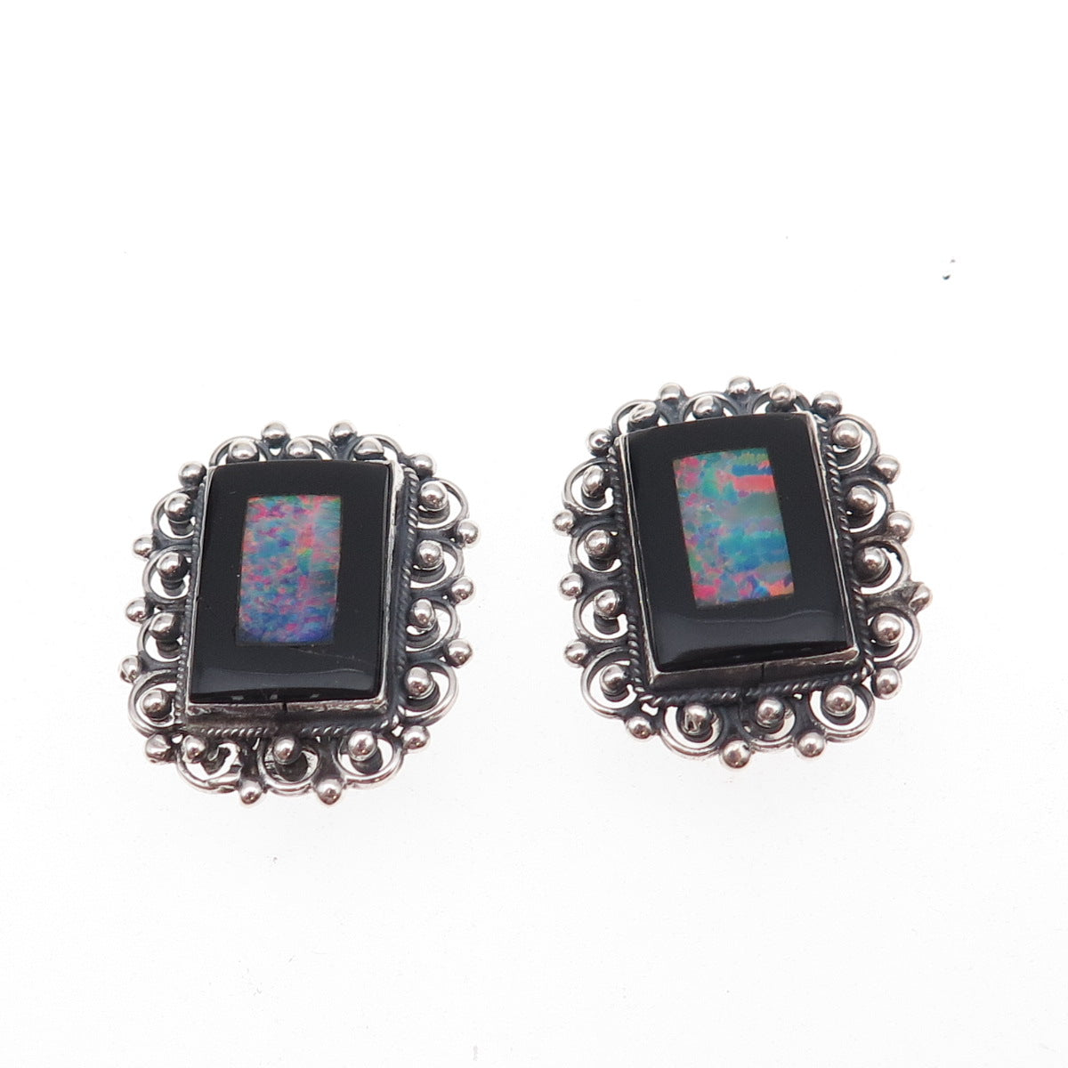950 Silver Vintage Real Black Onyx & Opal Modernist Oxidized Clip On Earrings