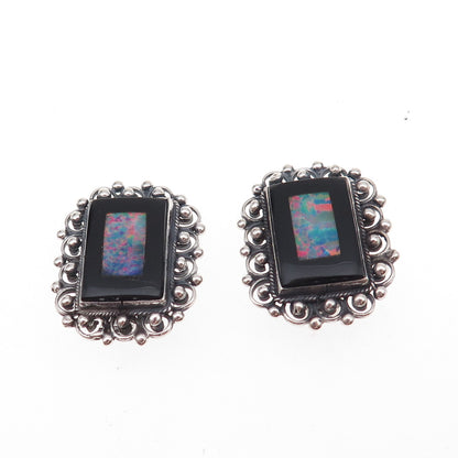 950 Silver Vintage Real Black Onyx & Opal Modernist Oxidized Clip On Earrings