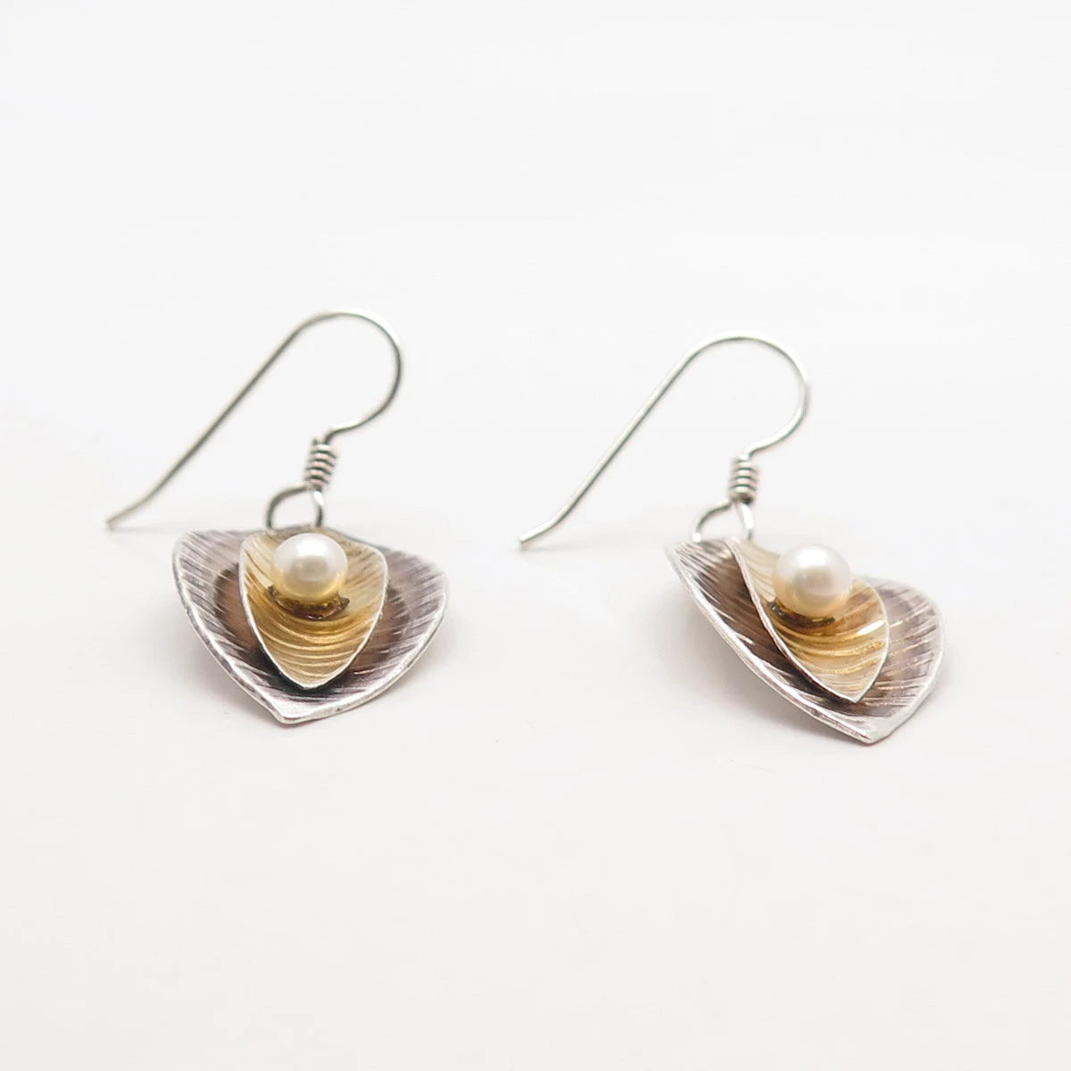 925 Sterling Silver Vintage Real Pearl Textured Dangling Hook Earrings