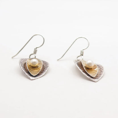 925 Sterling Silver Vintage Real Pearl Textured Dangling Hook Earrings
