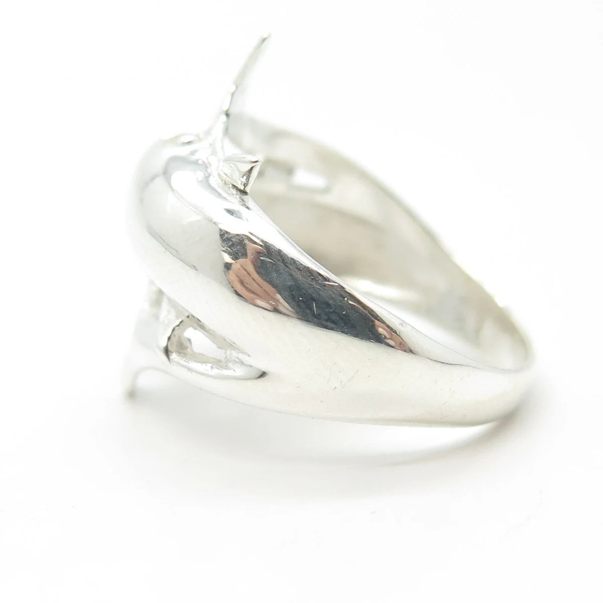 925 Sterling Silver Vintage Shiny 2 Playing Dolphins Cocktail Ring Size 9.25