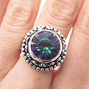 925 Sterling Silver Vintage Real Mystic Topaz Beaded Oxidized Ring Size 9.5