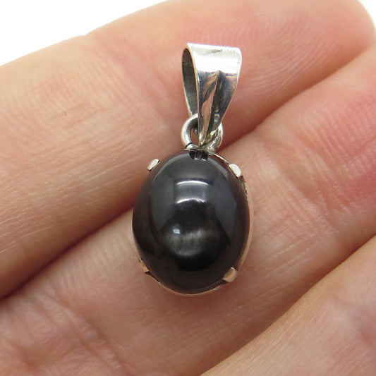 925 Sterling Silver Vintage Real Obsidian Sapphire Minimalist Pendant