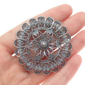 900 Silver Antique Art Deco Flower Filigree Oxidized Pin Brooch / Pendant