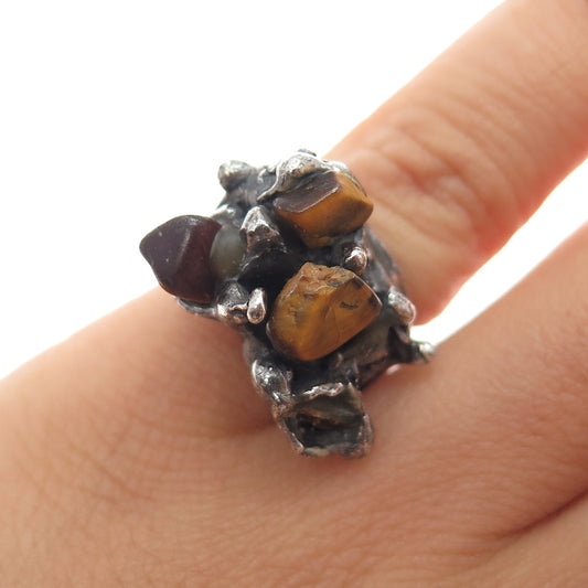 925 Sterling Silver Vintage Tiger Eye Modernist Brutalist Oxidized Ring Size 5.5