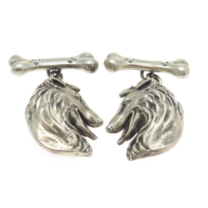 925 Sterling Silver Vintage Real Round-Cut White Diamond Collie Dog Cufflinks