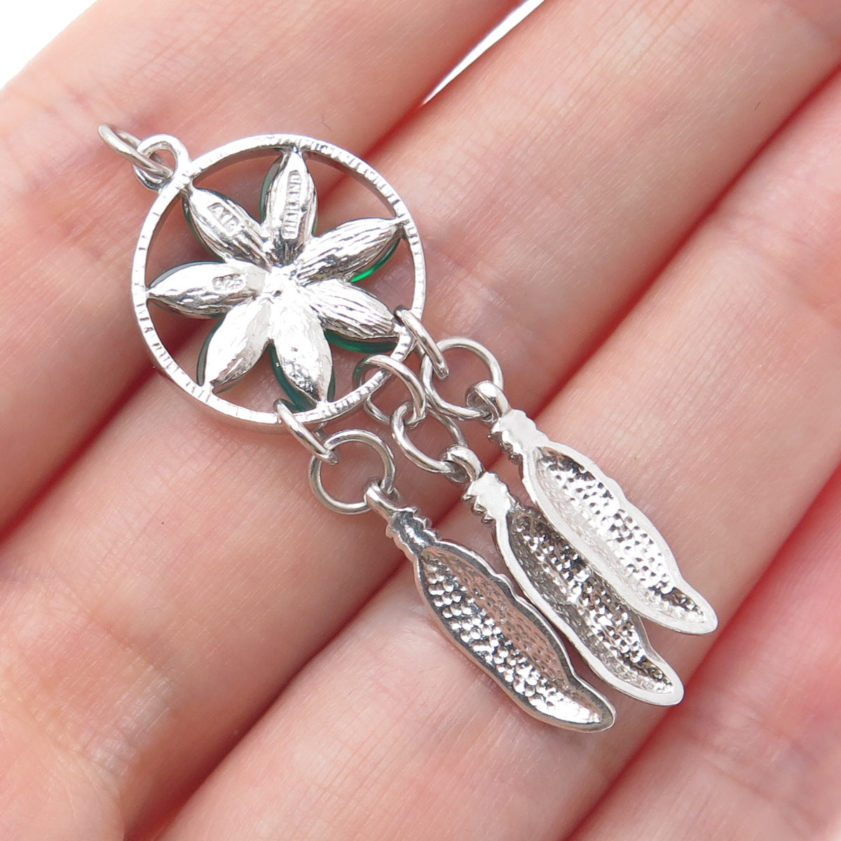 925 Sterling Silver Real Green Chalcedony Dreamcatcher Charm Pendant