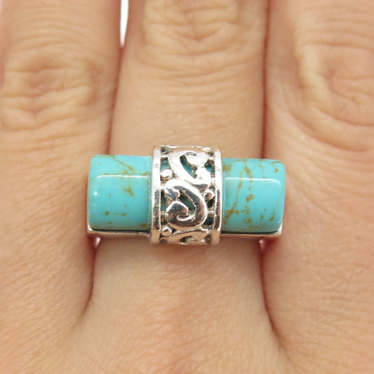 925 Sterling Silver Vintage Real Turquoise Gemstone Ethnic Ring Size 8.5