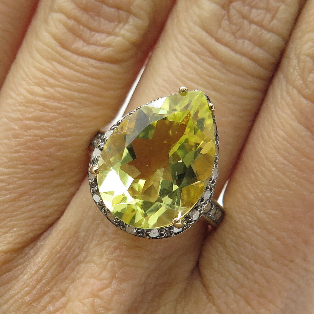 925 Sterling Silver Gold Plated Diamond & Pear-Cut Citrine Gem Ring Size 8.25
