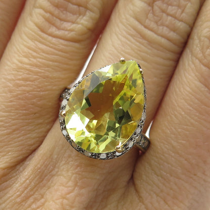 925 Sterling Silver Gold Plated Diamond & Pear-Cut Citrine Gem Ring Size 8.25