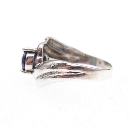 925 Sterling Silver Vintage Purple C Z Modernist Bypass Oxidized Ring Size 6.5