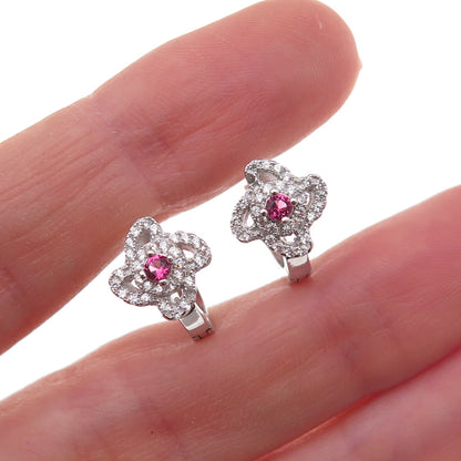 925 Sterling Silver Pink & White C Z Floral Hoop Earrings