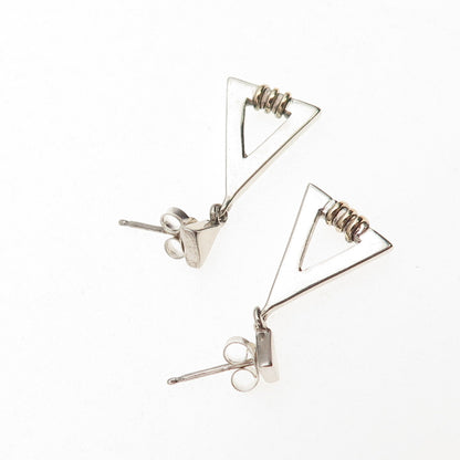925 Sterling Silver Gold Filled Vintage Modernist Triangle Dangle Earrings