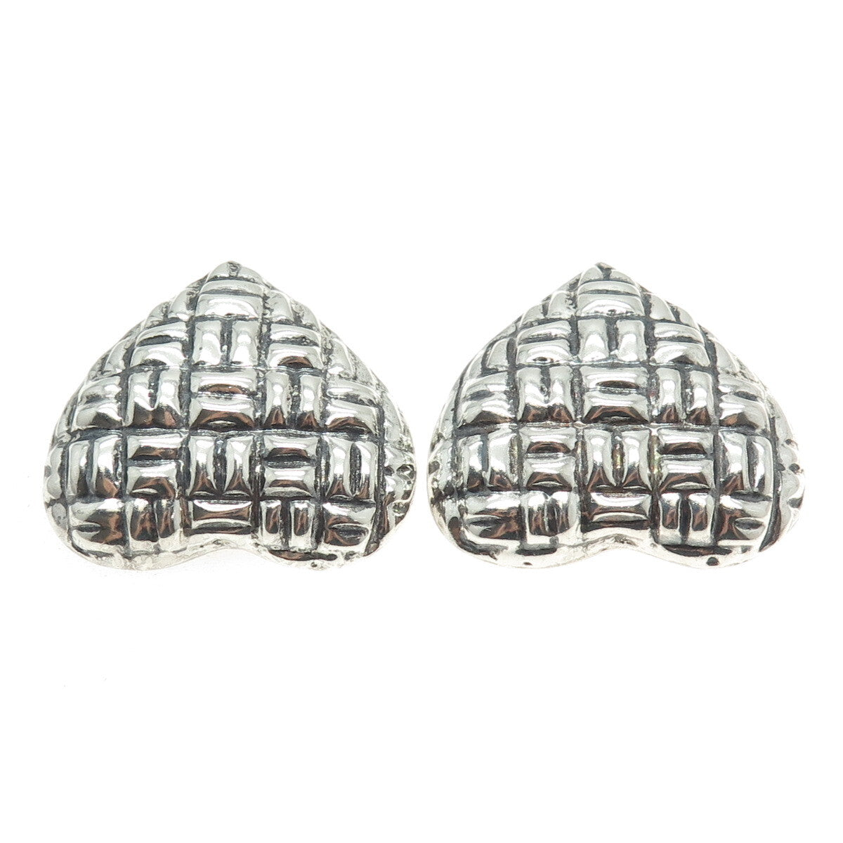 925 Sterling Silver Vintage Mexico Modernist Heart Clip On Oxidized Earrings