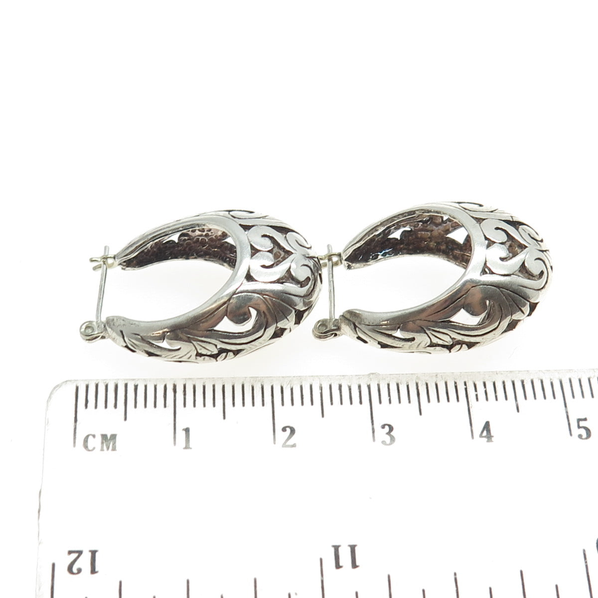 925 Sterling Silver Vintage Ornate Hinged Hoop Earrings