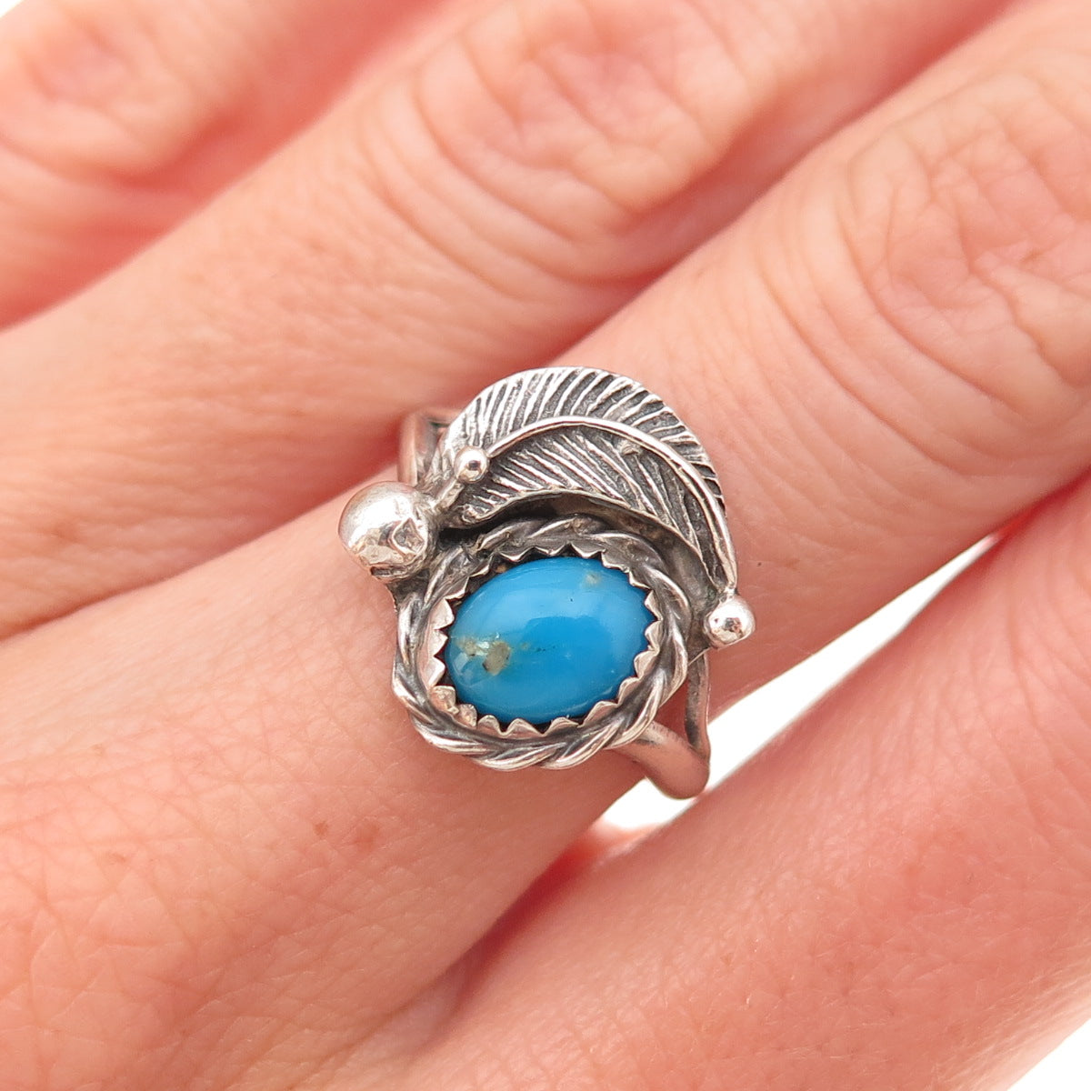 Old Pawn Sterling Silver Vintage Southwestern Turquoise Feather Ring Size 6.25