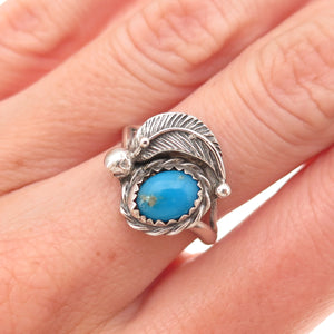 Old Pawn Sterling Silver Vintage Southwestern Turquoise Feather Ring Size 6.25