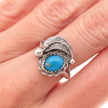 Old Pawn Sterling Silver Vintage Southwestern Turquoise Feather Ring Size 6.25