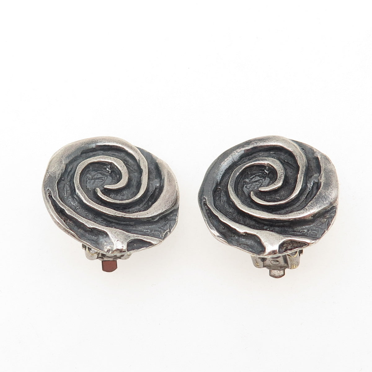 925 Sterling Silver Vintage Modernist Spiral Oxidized Clip On Earrings