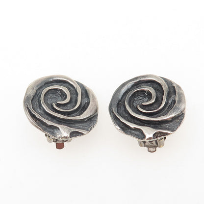 925 Sterling Silver Vintage Modernist Spiral Oxidized Clip On Earrings