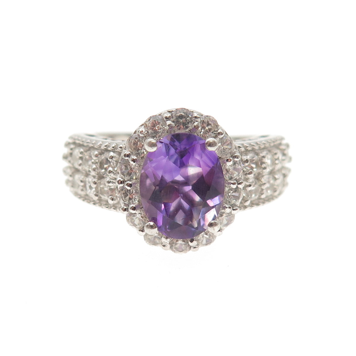 CHUCK CLEMENCY 925 Sterling Silver Real Amethyst & White Topaz Ring Size 6