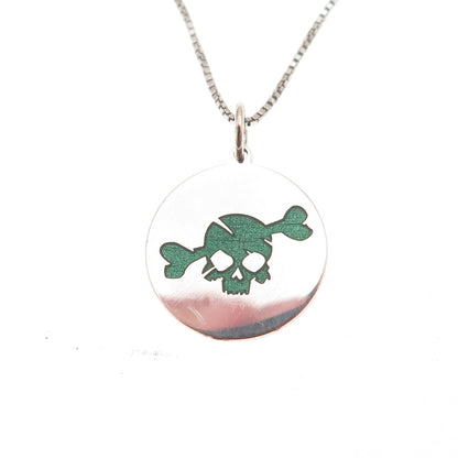 925 Sterling Silver Green Enamel Skull & Bone Box Chain Necklace 18"