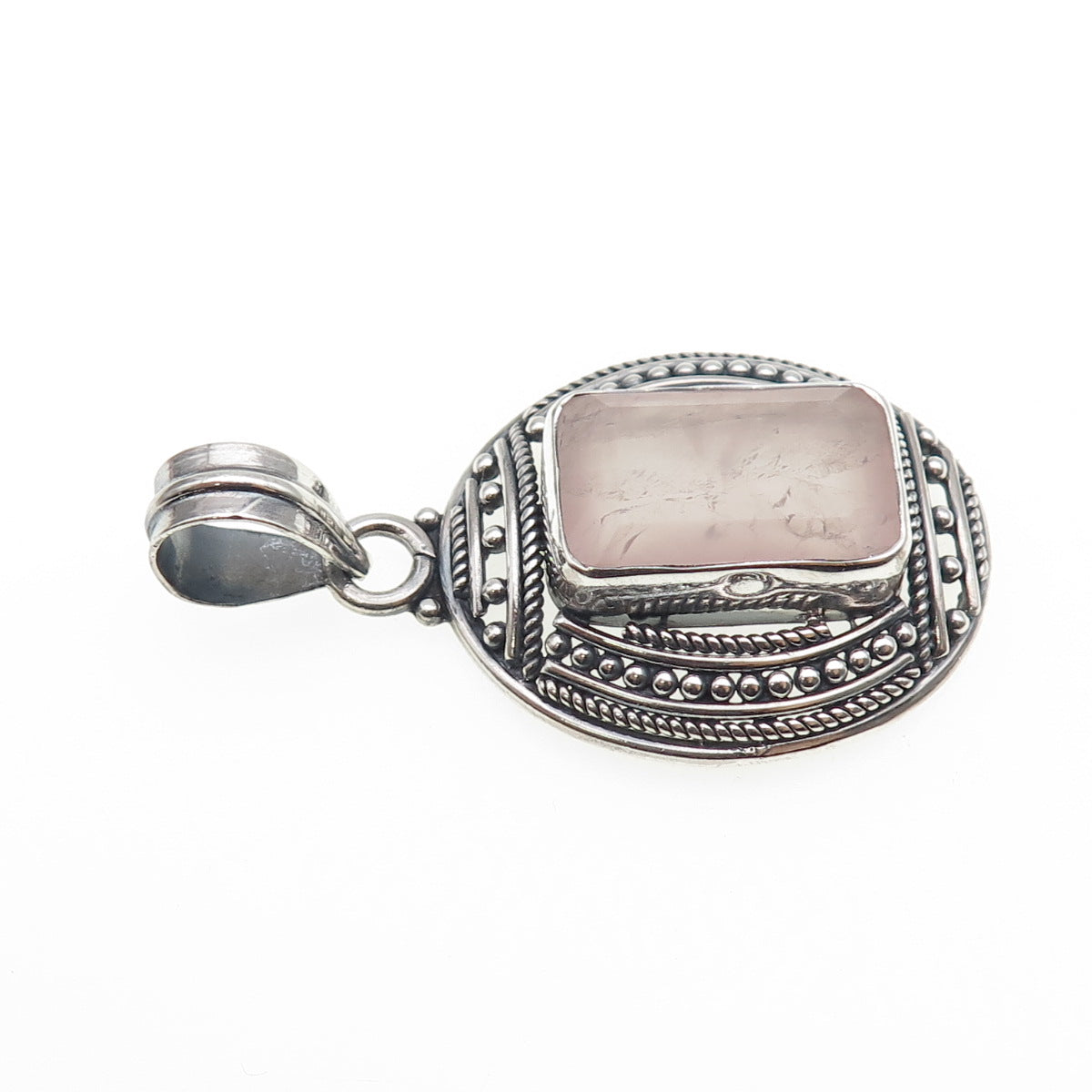 925 Sterling Silver Vintage Real Emerald-Cut Rose Quartz Oxidized Beaded Pendant
