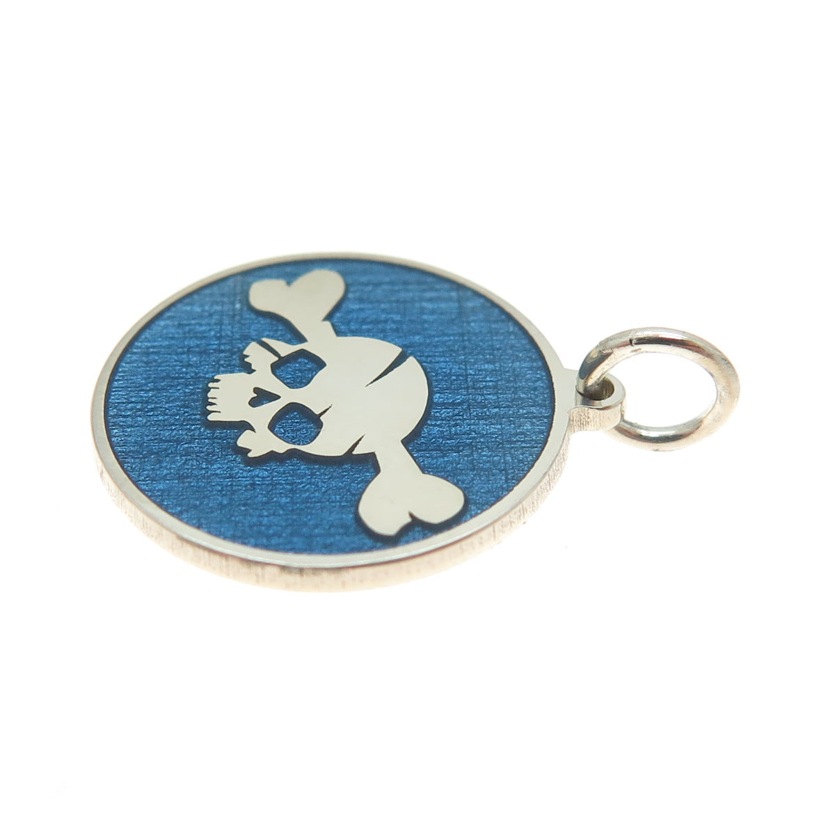 925 Sterling Silver Blue Enamel Skull & Bone Round Minimalist Charm Pendant