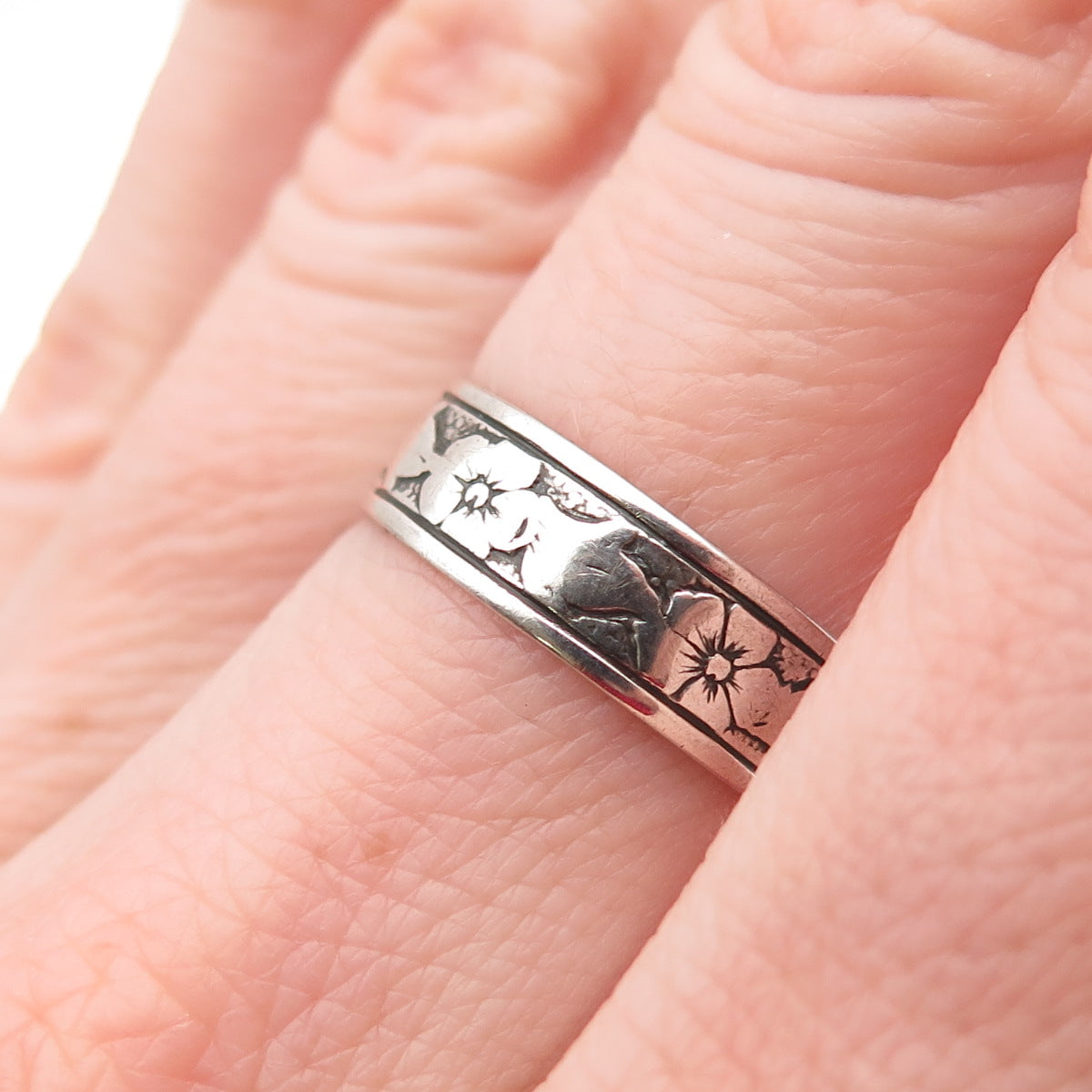 Uncas 925 Sterling Silver Antique Art Deco Forget Me Not Band Ring Size 6.75