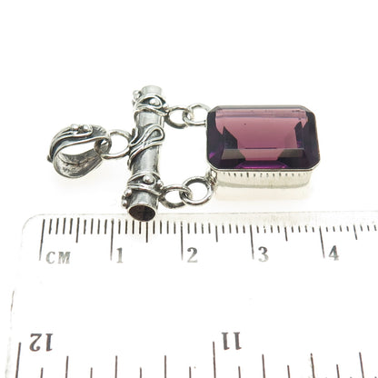 925 Sterling Silver Vintage Real Amethyst Gemstone Modernist Pendant