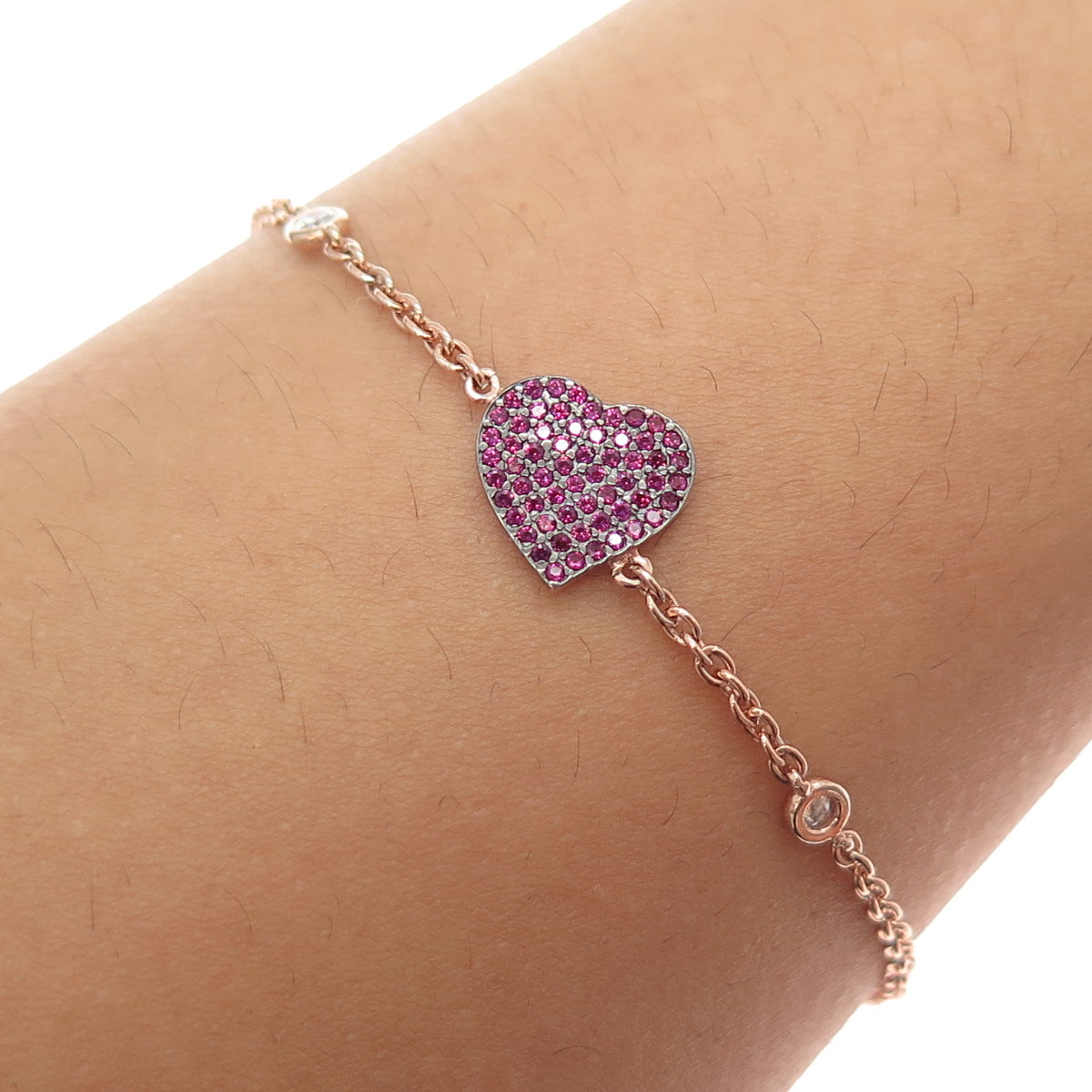 925 Sterling Rose Gold Plated Italy Lab-Created Ruby & C Z Heart Bracelet 7-8"