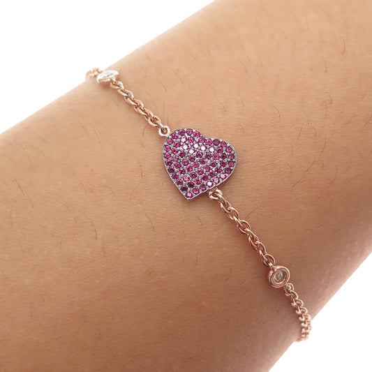 925 Sterling Rose Gold Plated Italy Lab-Created Ruby & C Z Heart Bracelet 7-8"