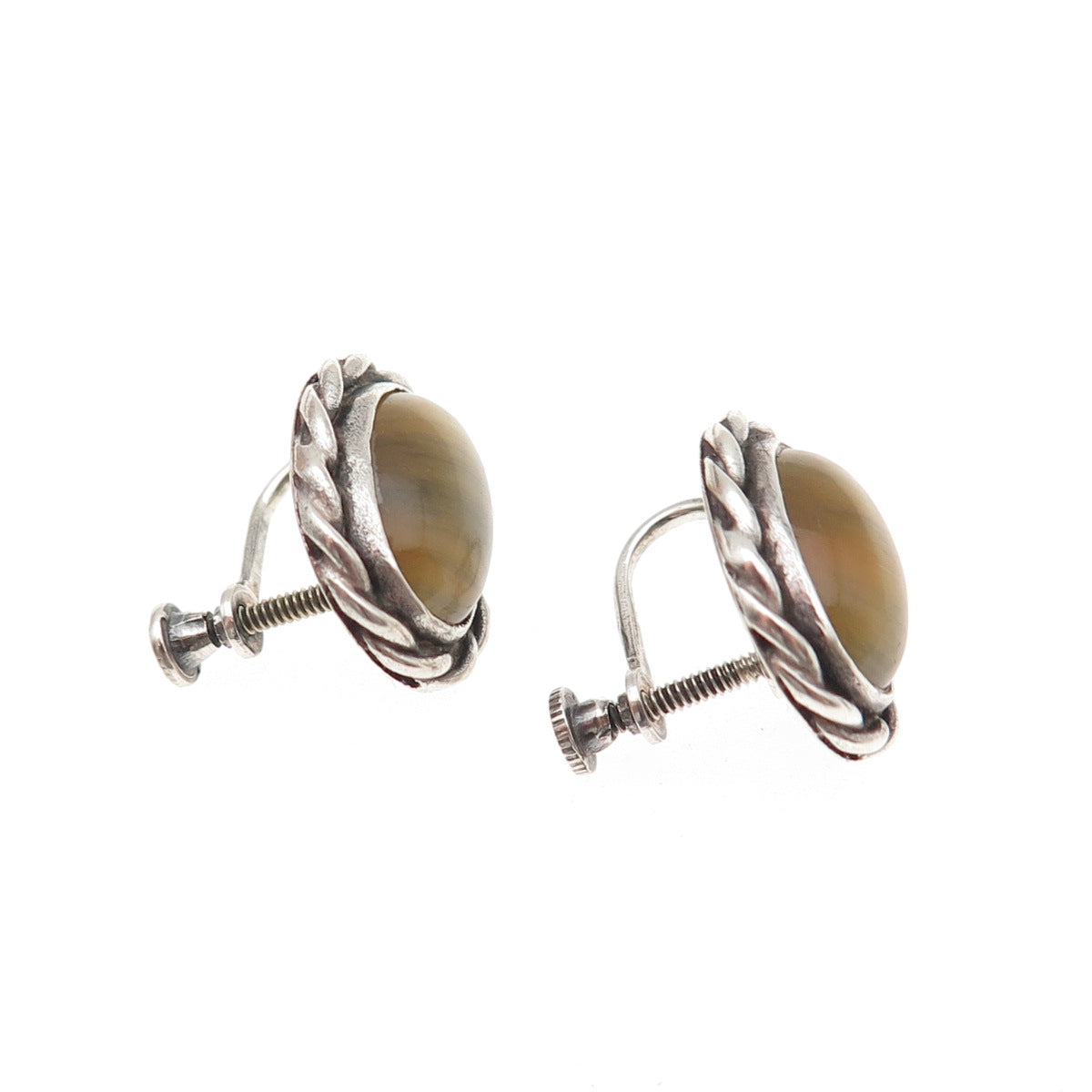 925 Sterling Silver Vintage Real Tiger Eye Oxidized Screw Back Earrings
