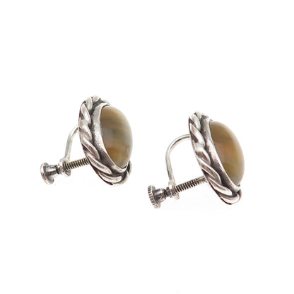 925 Sterling Silver Vintage Real Tiger Eye Oxidized Screw Back Earrings