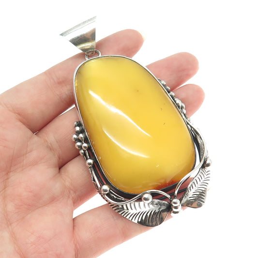 Old Pawn 925 Sterling Silver Vintage YP Southwestern Real Amber Feather Pendant