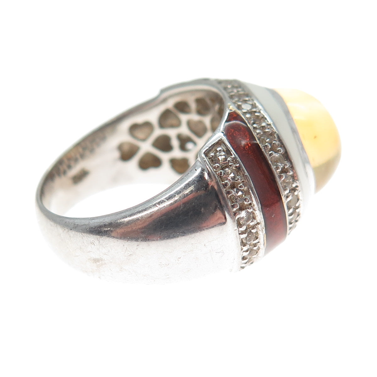 EMA 925 Sterling Silver Vintage Real Citrine & White Topaz Enamel Ring Size 7.25