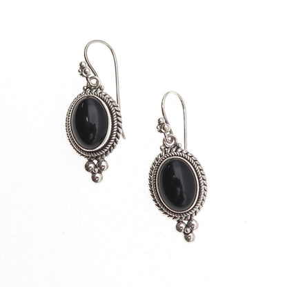 Suarti Bali 925 Sterling Silver Vintage Real Black Onyx Beaded Dangle Earrings