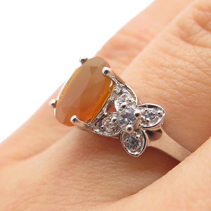 925 Sterling Silver Real Oval-Cut Opal & White Topaz Floral Ring Size 7