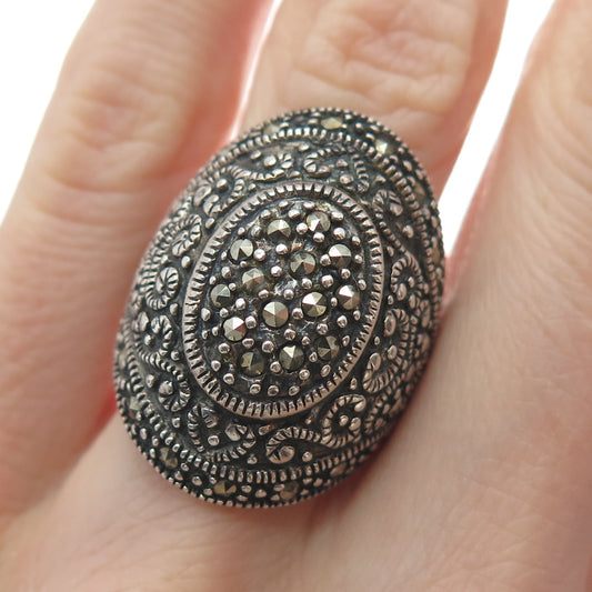 925 Sterling Silver Vintage Real Marcasite Ornate Oxidized Ring Size 7.25