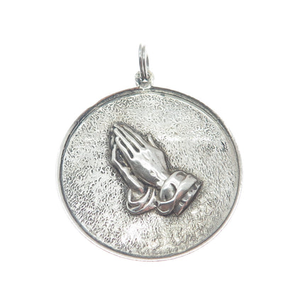 925 Sterling Silver Vintage Hands In Prayer Religious Oxidized Round Pendant