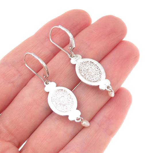 Coleman Co. 925 Sterling Silver Vintage Real Coral Inlay & Pearl Dangle Earrings