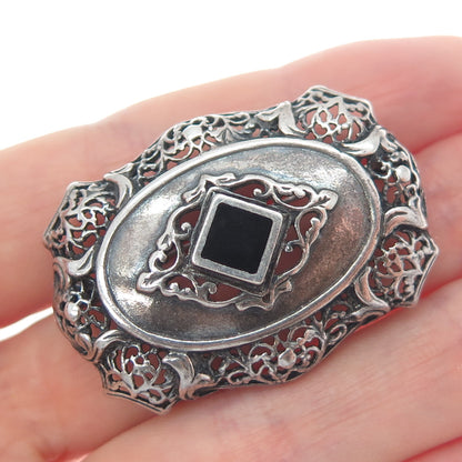 925 Sterling Silver Vintage Real Black Onyx Floral Oxidized Pin Brooch