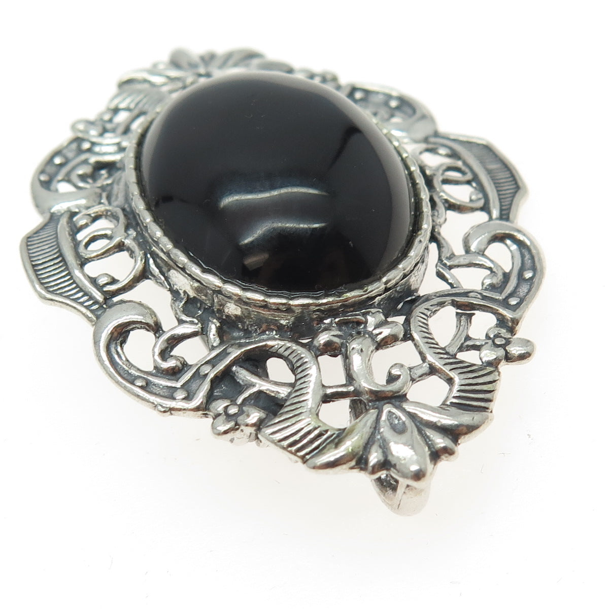 925 Sterling Silver Vintage Real Black Agate Ornate Pin Brooch / Pendant