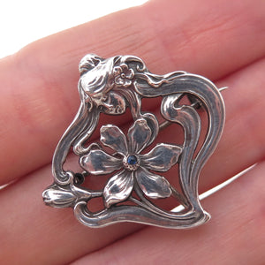 Depose Swiss 900 Silver Antique Art Deco Rhinestone Floral Lady Pin Brooch