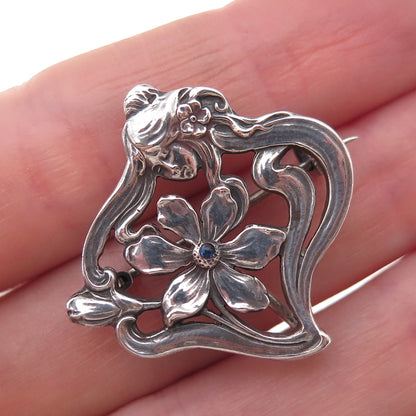 Depose Swiss 900 Silver Antique Art Deco Rhinestone Floral Lady Pin Brooch