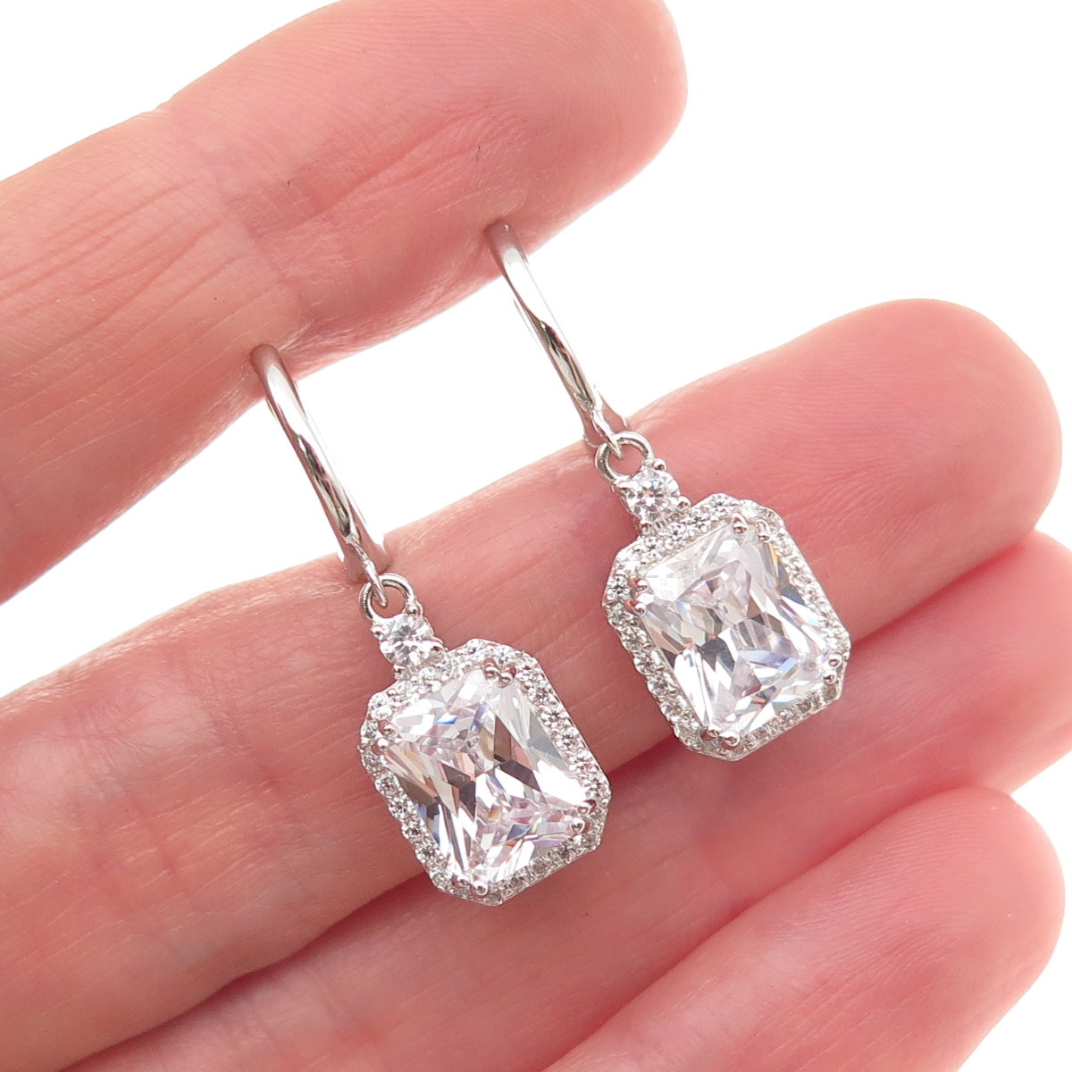 925 Sterling Silver Radiant & Round-Cut C Z Dangle Earrings
