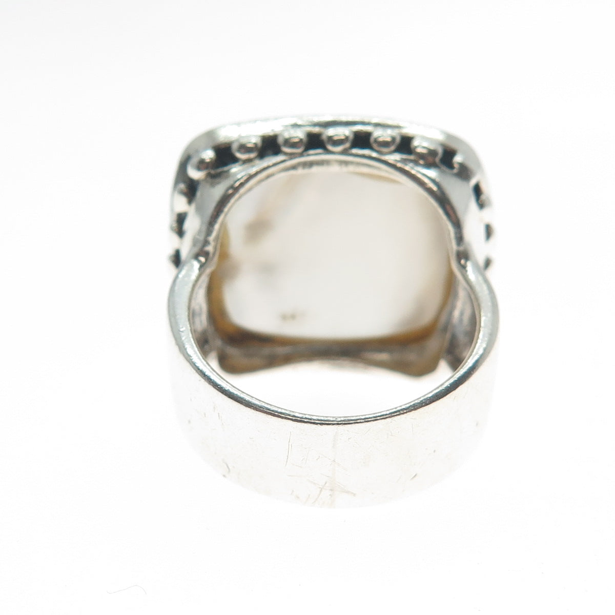 925 Sterling Silver Vintage Real Mother-of-Pearl Polka Dot Wide Ring Size 5.75